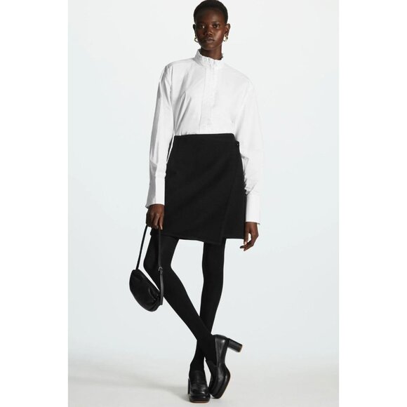 COS Black Wool Lyocell Blend Felt Front Button Mini A-Line Wrap Skirt, Size 34 - Picture 1 of 11